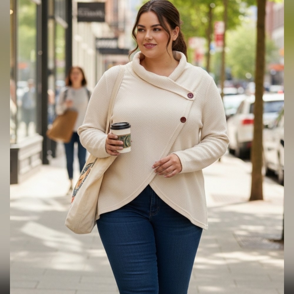 Womens Large Open Front Cartagena with Side Button Closure Detail.